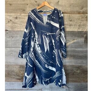 Pine Cone Hill Brushstroke Linen Blend Tunic Dress L Navy White Coastal Nautical